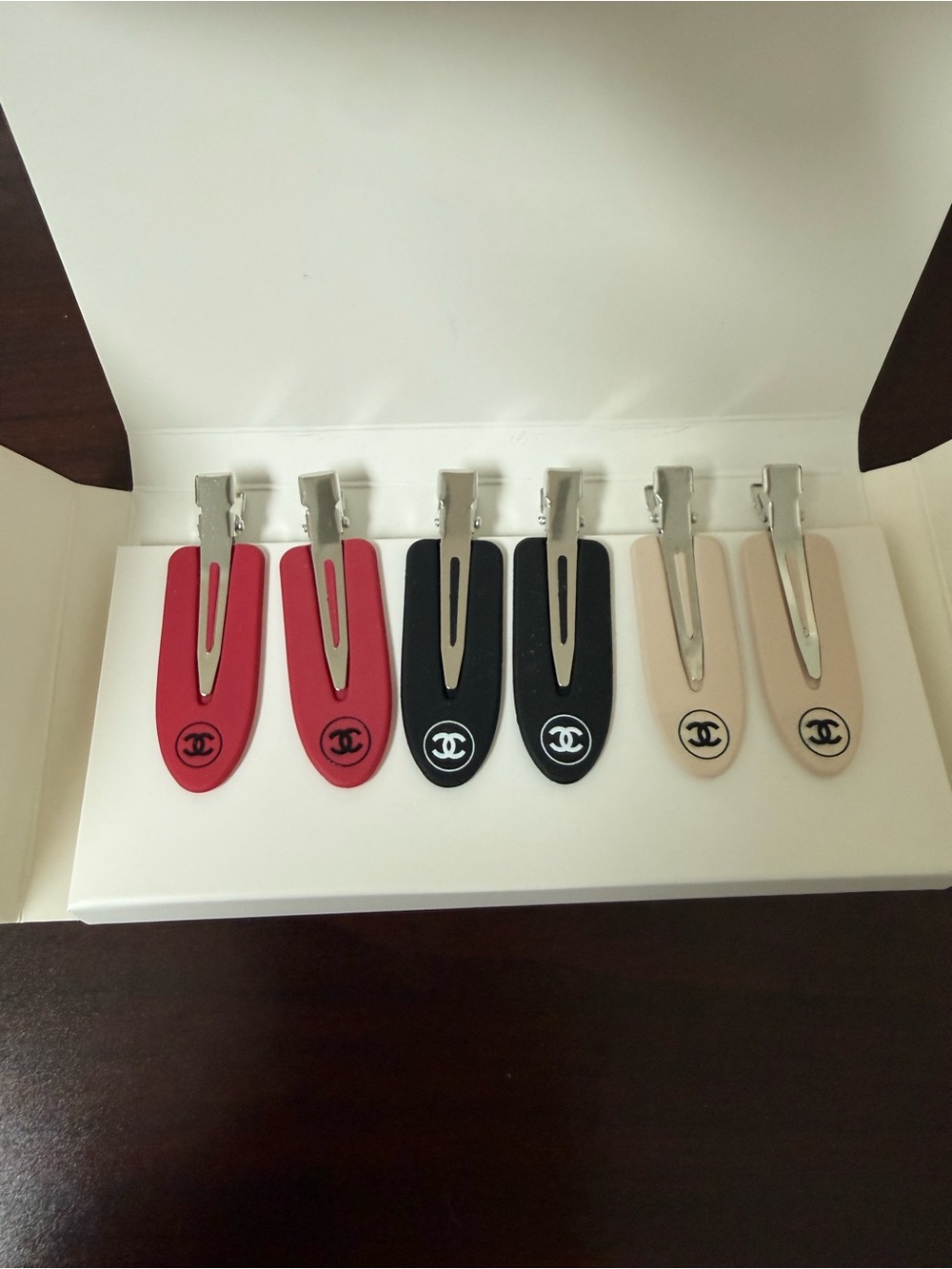 CHANEL Trio Set Snap Hair Clips in Red, Black & Cream